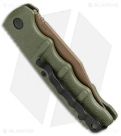 Boker Desert Warrior Kalashnikov Bowie Automatic Knife OD Green (D2 Copper) -Adventure Knife Shop Boker Kalashnikov Bowie Auto Desert Warrior OD Green Copper 01KALS22N BHQ 17106 jr side 2