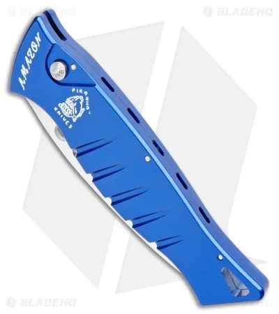 Piranha Amazon Automatic Knife Blue (3.45" Mirror) Piranha Amazon Automatic Knife Blue (3.45" Mirror) -Adventure Knife Shop Piranha Amazon Auto Blue Mirror BHQ 3436 jr spine 2