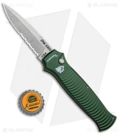 Piranha Bodyguard Automatic Knife Green (3.3" Stonewash Serr) -Adventure Knife Shop Piranha Bodyguard Auto Green SW Serr P 6GS BHQ 1435 jr bottlecap
