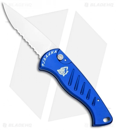 Piranha Fingerling Automatic Knife w/ Blue Handle (2.5" Mirror Serr) Piranha Fingerling Automatic Knife W/ Blue Handle (2.5" Mirror Serr) -Adventure Knife Shop Piranha Fingerling Auto Blue Mirror Serr BHQ 0406 jr