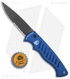 Piranha Tactical Blue P-1 Pocket Automatic Knife (3.2" Black Serr) -Adventure Knife Shop Piranha P 1 Pocket Auto Blue Tactical Black Serr BHQ 1102 jr bottlecap 2