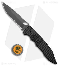 Piranha Predator Automatic Knife Black Tactical (4.1" Black Serr) -Adventure Knife Shop Piranha Predator Black Tactical Auto Black Serr BHQ 12720 jr bottlecap