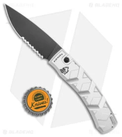 Piranha X Automatic Knife Silver Tactical (3.3" Black Serr) -Adventure Knife Shop Piranha X Auto Silver Tactical Black Serr BHQ 28384 jr bottlecap