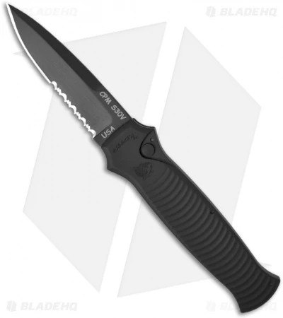 Piranha Bodyguard Automatic Knife Black Tactical (3.3" Black Serr) Piranha Bodyguard Automatic Knife Black Tactical (3.3" Black Serr) -Adventure Knife Shop piranha bodyguard black tactical serr bhq 0487 jr front