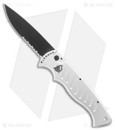 Piranha P1 Pocket Automatic Knife Silver Tactical (3.2" Black Serr) Piranha P1 Pocket Automatic Knife Silver Tactical (3.2" Black Serr) -Adventure Knife Shop piranha pocket silver tactical serrated